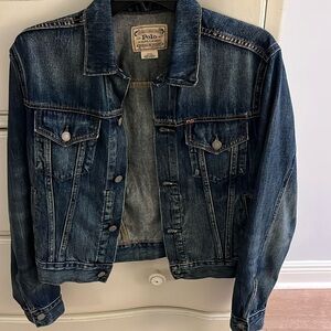 Polo Ralph Lauren Jean Jacket S with distressed look and large flag on back.